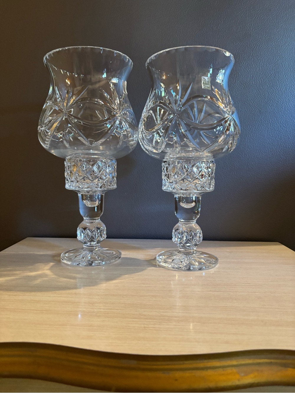 Madison Avenue Crystal Hurricane lamps pair